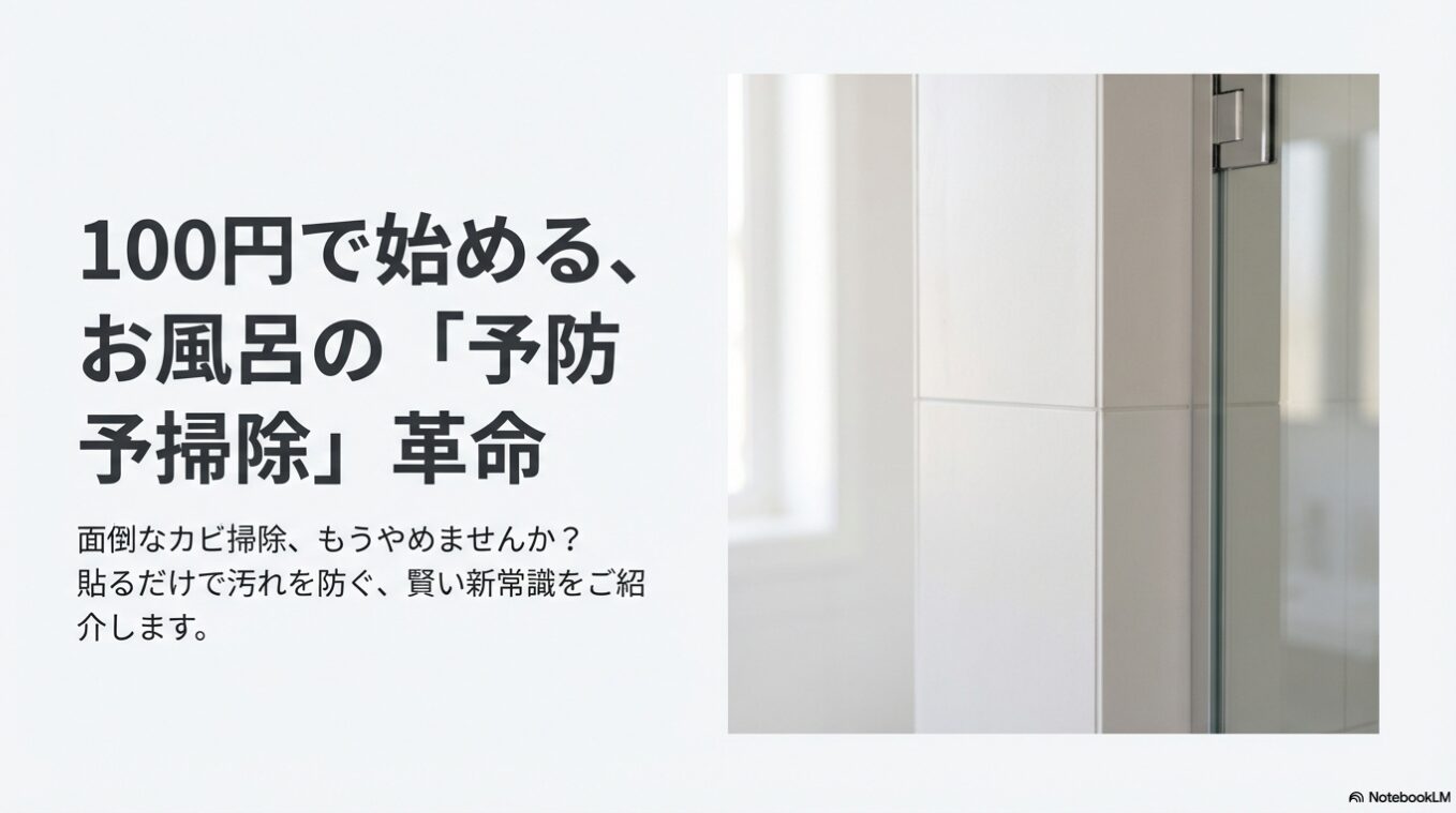 お風呂のカビ予防にマスキングテープを使う3つの大きなメリット（汚れ防止・掃除の時短・コーキング保護）の解説スライド