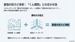 お風呂全体の除菌（くん煙剤）と汚れが溜まる箇所の保護（マスキングテープ）を組み合わせた最強のカビ予防サイクルの解説